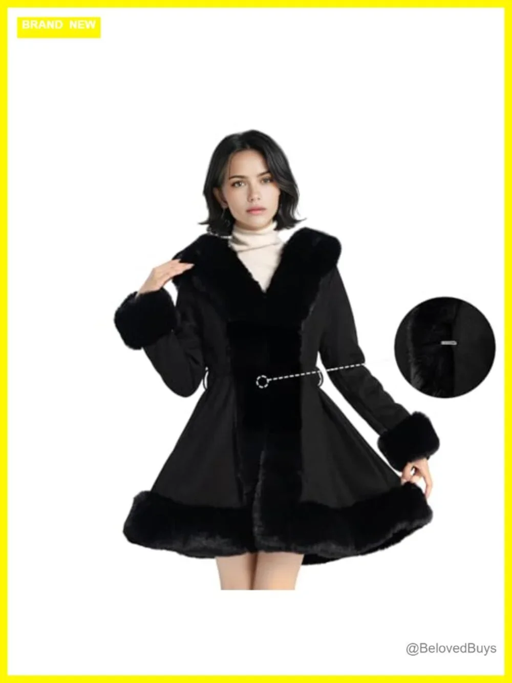 Faux Fur Leather Peplum Parka Coat with Belt for Women, Winter Long Sleeve,